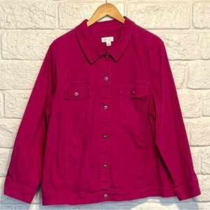 DENIM & CO Fuchsia Pink Denim Cotton Jacket Bejeweled Button Up Size 3X